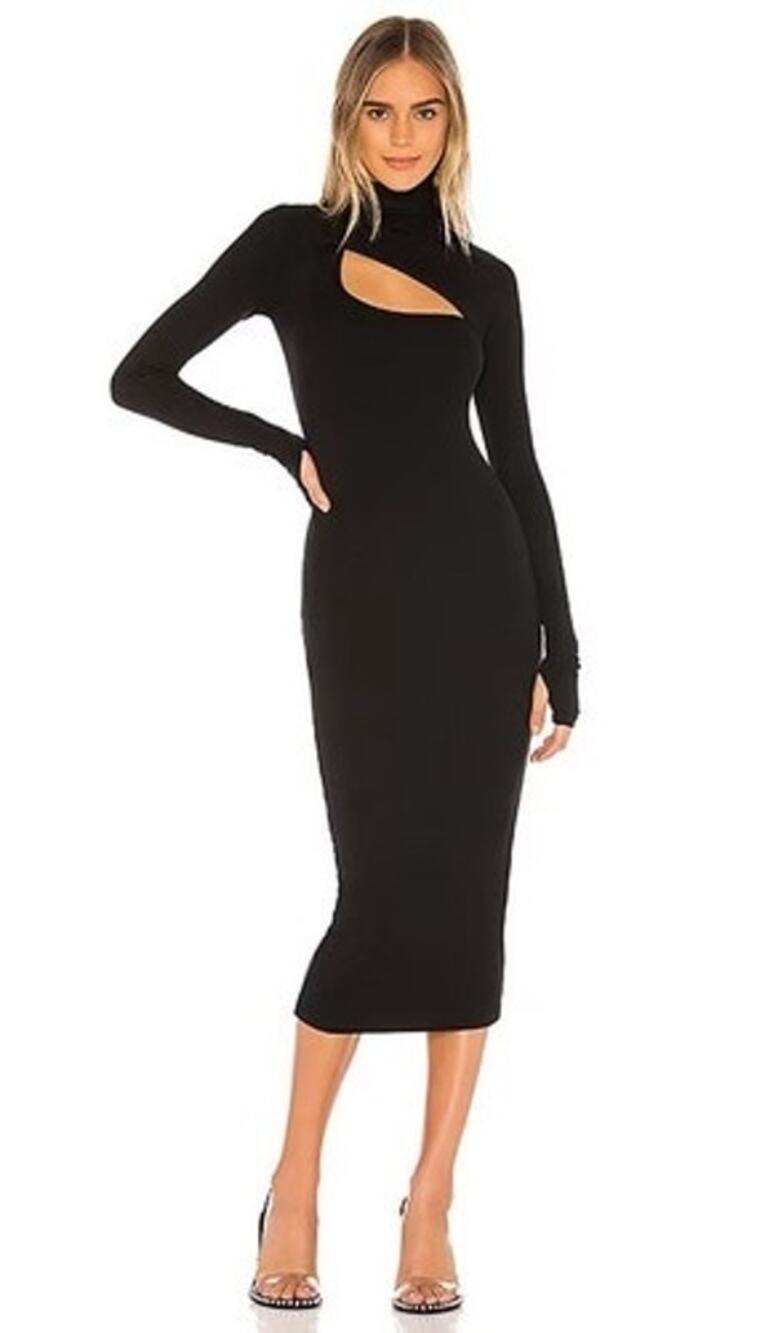 Alix NYC Black Clarkson Jersey Knit Midi Dress Women's L Cutout Dark Feminine